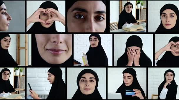 Cięcie Wideo Zmontowane Kolaż Muzułmańskim Modelem Różnymi Emocjami Aktywnościami Prawa — Wideo stockowe
