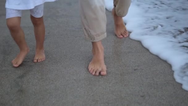 Slow Motion Two Pairs Womens Childrens Legs Walk Sand Beach — Stockvideo
