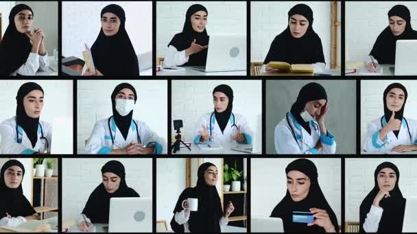 Collage Muslim Woman Doctor Work Different Emotions Activities Hospital Concept — Stock Video
