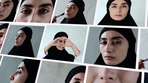 Collage Muslim Girl Black Hijab Portrait Young Arab Woman Different — Vídeos de Stock