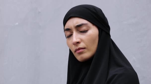 Sad Face Mirthless Depressed Strangled Muslim Woman Black Hijab Infringement — стоковое видео