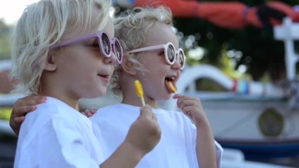 暑い晴れた日に自然界でロリポップを食べ 景色を楽しむ2人の女の子のクローズアップスローモーションショット 二人の双子の姉妹は 自然の中でロリポップを食べ 興味深い景色で指を指す — ストック動画