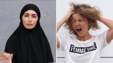 Deri rengi ve inancı ne olursa olsun dünyanın dört bir yanındaki kadın çeşitliliği, kadınların seks konferansını protesto ediyor. Eşitsizliğe karşı feminist kavram. Saldırgan Kadın Feminizmi