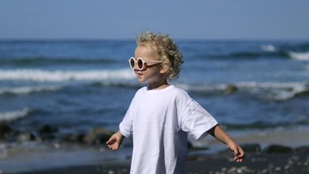 周末在海滨度假时穿着时髦时髦的现代圆形眼镜的小女孩 快乐的小女孩伸出手来温暖夏天的阳光 女孩沐浴在温暖的阳光下 — 图库视频影像