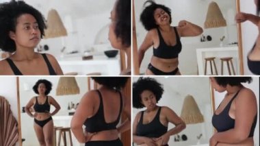 Siyah iç çamaşırlarıyla aynanın önünde dans eden kıvırcık Afrikalı Amerikalı kadının olduğu çoklu ekran videosu. Kadın vücudunu seviyor. Artı boyut modeli kendi kilolu vücudunda pozitif ve çekicidir.