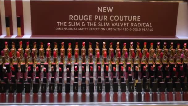 Large Number Types Lipstick Beauty Store Showcases Lipsticks New Collection — Stock Video