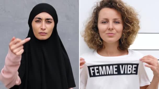Женщины Протестуют Против Угнетения Феминизм Объединяет Женщин Независимо Расы Религии — стоковое видео