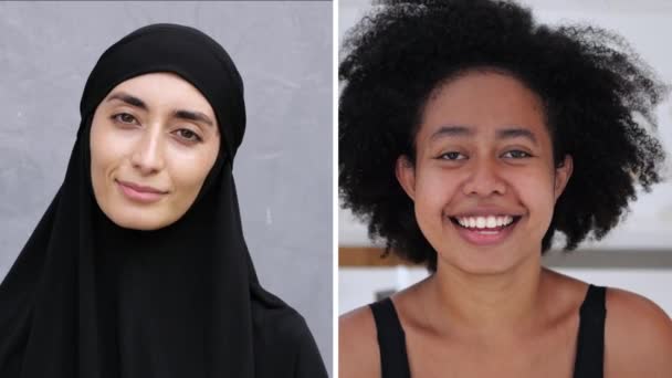Collage Två Kvinnor Olika Trossatser Och Multietnisk Närbild Montage Positiva — Stockvideo