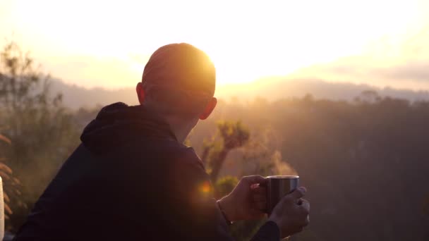 Hiker Sitting Cliff Camping Van Background Sunrise Holding Hot Mug — Stock Video