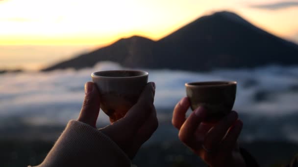 Savor Unique Experience Drinking Tea Mountains Cinematic Video Highlights Joy — Stock Video