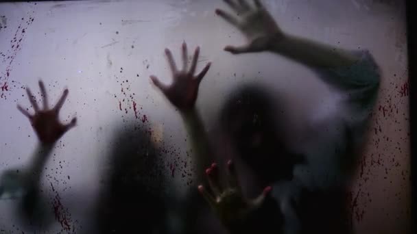 Verwischte Hände Der Opfer Zerkratzen Eine Blutverschmierte Scheibe Dynamische Video — Stockvideo