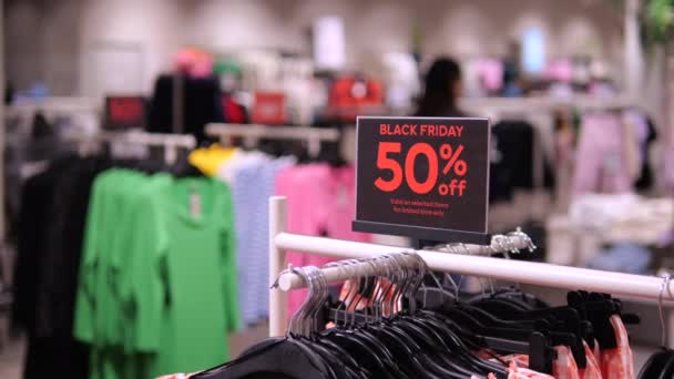 Black Friday Signboard Rack Pants Sale Percent Clothing Store Cinematic — Stock Video