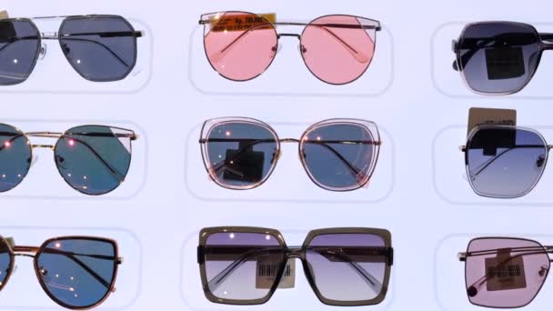 센터에서 표시되는 선글라스 스타일 브랜드의 컬렉션의 취향을위한 세련된 방문자는 안경에 — 비디오