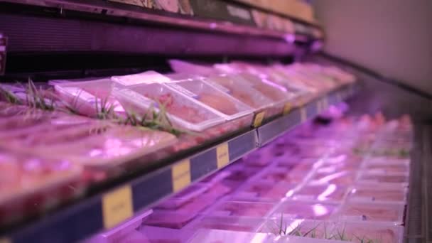 Grand Choix Viande Fraîche Crue Sur Les Étagères Des Supermarchés — Video