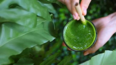 Yeşilliğin arka planına karşı cam bardakta yeşil smoothie tutarken yakın plan. İnsan eli detoks smoothie 'yi eko samanla karıştırır. Yeşil sebze ve şifalı bitkilerden oluşan sağlıklı smoothie konsepti