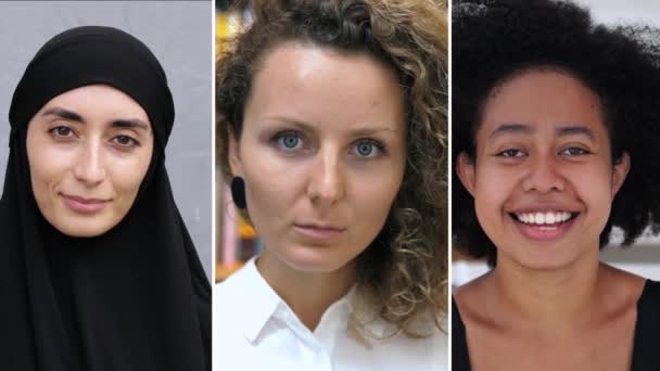 Collage Group Mujeres Atractivas Diferentes Creencias Primer Plano Multiétnico Montaje — Vídeos de Stock