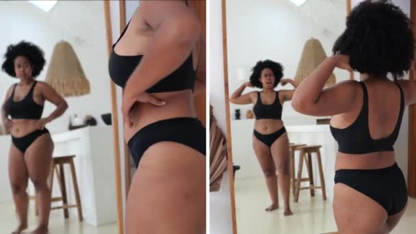 Aceptación Una Mujer Afroasiática Obesidad Una Mujer Negra Frente Espejo — Vídeos de Stock