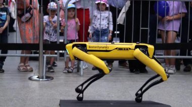 Varşova, Polonya - 01 Mayıs 2024: Gelişmiş robotik çeviklik ve performans ile çocukları ve yetişkinleri büyüleyen gelişmiş dört ayaklı robotlar teknoloji sırasında dinamik bir şekilde engellerin üzerinden atlıyor