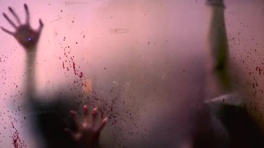 Kanlı, umutsuz eller buzlu cama bastırıyor, hayalet gibi siluetler yaratıyor, karanlık, şüpheli korku sahnesinde kapana kısılmayı, korkuyu ve kaçınılmaz tehlikeyi akla getiriyor.