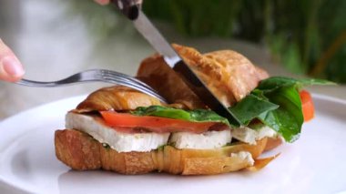 Profesyonel şef, beyaz seramik tabakta taze domates, pesto, mozzarella ve fesleğenli kruvasan sandviçini dikkatlice kesiyor.