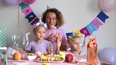 Doğum gününü evde kutlayan şenlikli aile toplantısı. Anne ve kızları parti şapkası takıyor. Ev yapımı pastayla renkli yemeğin tadını çıkarıyorum. Taze meyve. Süslü masanın etrafında neşeli anlar paylaşıyoruz.
