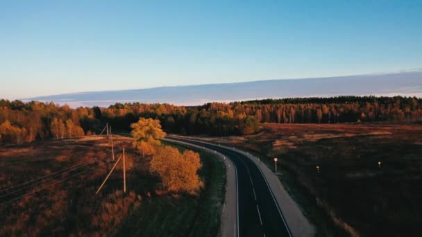 Piękna Pusta Droga Przedmieściach Droga Las Zachód Słońca Cisza — Wideo stockowe