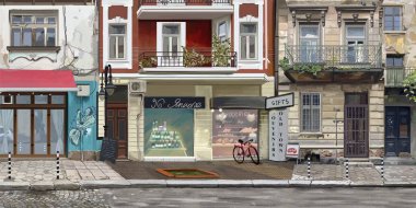 Yağlı boyayla boyanmış resim, güzel bir cadde, kahve ve rahatlama için.