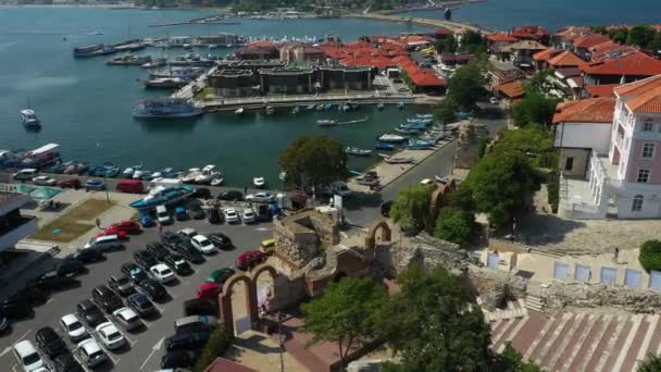 Beautiful Maritime Old Town Fishing Boats Cozy Streets Buildings Aerial — Vídeo de stock