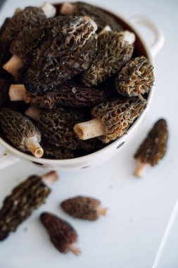 Taze çiğ mantarları beyaz bir kaseye koy. Hassas mantarlar, zengin, dünyevi lezzetleri ve eşsiz dokuları için mutfak yemeklerinde ödüllendirilirler. Lezzetli yemekler için eşsiz bir malzeme.