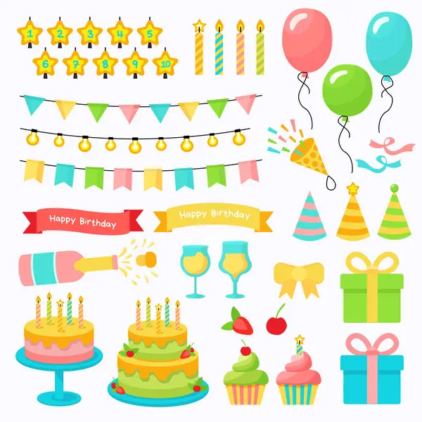 Doğum günü kutlaması öğeleri: pastalar, balonlar, mumlar, hediyeler, konfeti ve çelenkler. Etkinlikleri, partileri ve kutlamaları düzenlemek ve tasarlamak için parlak ve neşeli simgeler