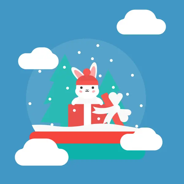 Şapka takan sevimli bir tavşan, kar taneleri ve kış ağaçlarıyla çevrili bir Noel hediyesiyle kar küresinin içinde oturuyor.