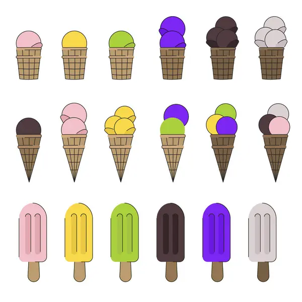 Bu vektör illüstrasyonunda çeşitli renkli dondurma külahları ve buzlu dondurmalar yer almaktadır.