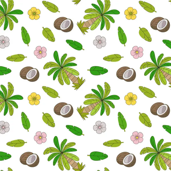 Bu vektör çizimi palmiye ağaçları, hindistan cevizleri, yapraklar ve çiçeklerle kusursuz bir tropikal desen içerir.