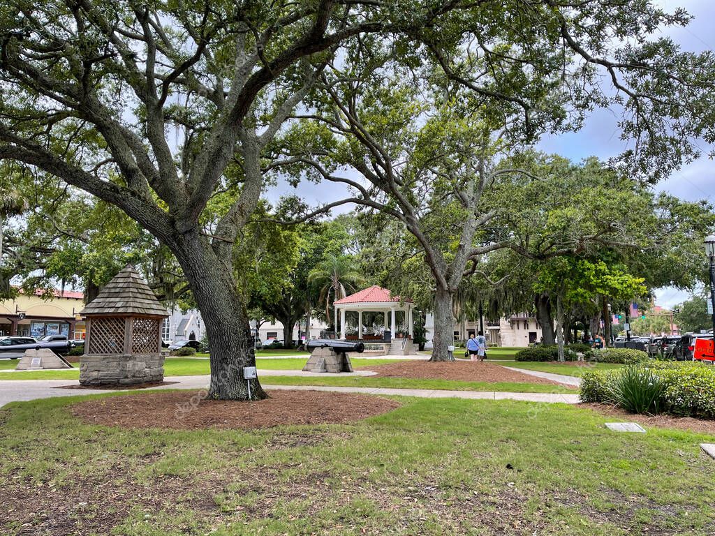 St. Augustine, FL USA July 14, 2021 The city square in the historic