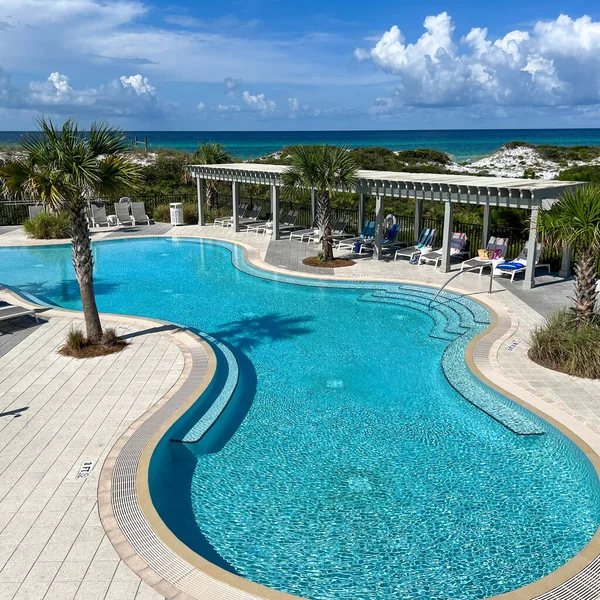 Watercolor, FL USA - July 25, 2022:  The swimming pool at the Watercolor Community Club in Watercolor, Florida.