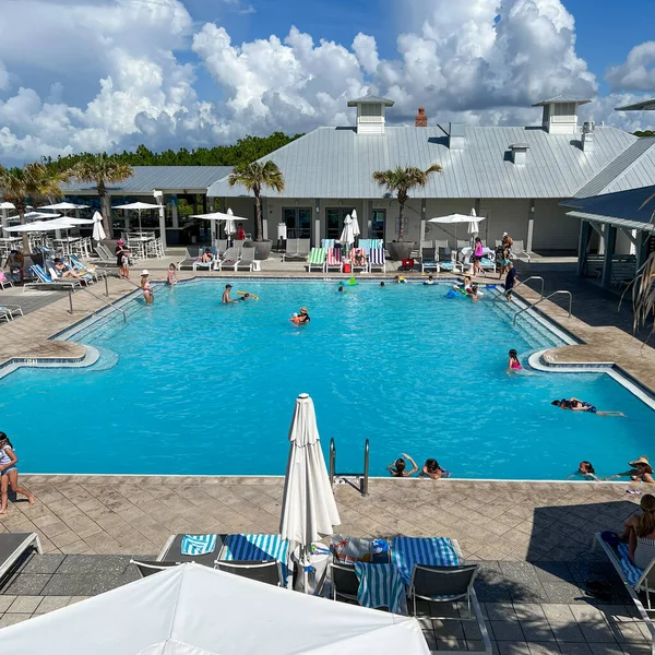 Watercolor, FL USA - July 25, 2022:  The swimming pool at the Watercolor Community Club in Watercolor, Florida.