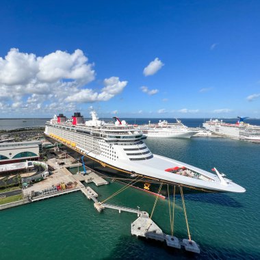 Orlando, FL USA - 8 Ocak 2022: Port Canaveral, Florida limanındaki Disney Cruise Gemi Fantezisi.