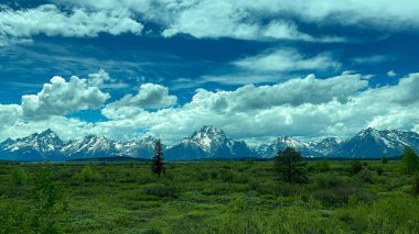 Jackson Hole, Wyoming yakınlarındaki Grand Teton Ulusal Parkı 'ndaki Teton Dağları Güzel bulutlu bir günde.