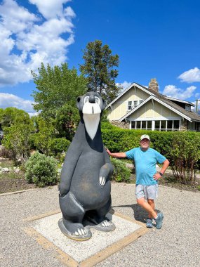 Jasper, AB Kanada - 26 Mayıs 2023: Kanada Jasper Ulusal Parkı 'nda AB' nin Jasper kasabasında bir ayı heykeli.