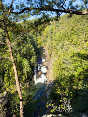 Güneşli bir günde Georgia 'daki Tallulah Falls Eyalet Parkı' nın manzaralı şelale alanı.