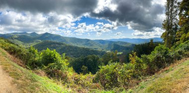 Güneşli bir günde Blue Ridge Parkway 'deki değişen yaprakların güzel manzarası..