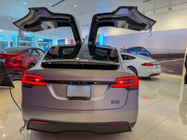 Orlando, FL USA - 12 Ocak 2025: Tesla Model X 'in gümüş sergi salonundaki yeni arabası.