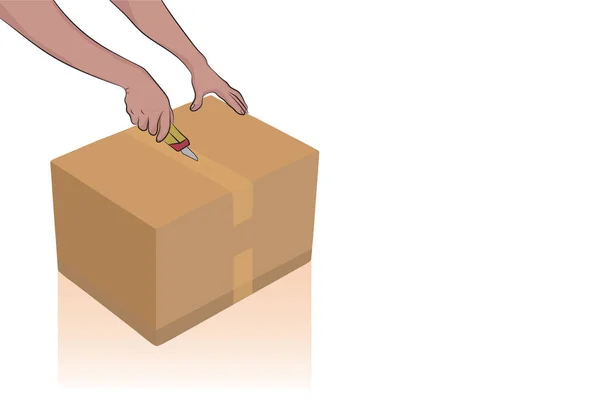 Χέρια Άνοιγμα Σφραγισμένο Κουτί Από Χαρτόνι — Διανυσματικό Αρχείο