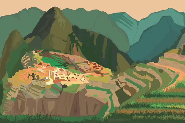 Machu Picchu Nun Tarihi Mabedi Peru Nun Korunan Alanının Çizimi — Stok Vektör