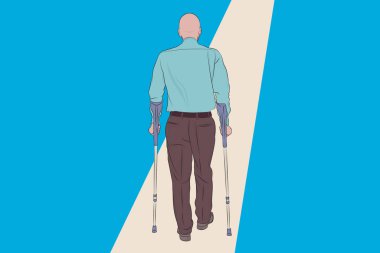 Yaşlı adam koltuk değnekleriyle yürüyor, resmi olarak giyinmiş..