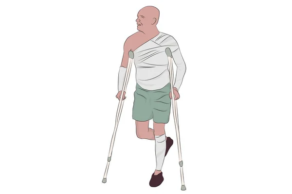 Pria Dengan Kruk Dan Perban Lututnya - Stok Vektor