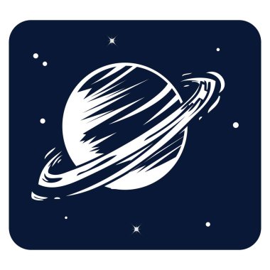 Satürn gezegeni vektör simgesi. Koyu mavi arkaplanda izole edilmiş uzay simgesi çizimi.