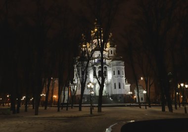 Kharkiv, Ukrayna, 6 Şubat 2020. Kharkiv 'deki Myrrh' li Kadınlar Kilisesi 'nin gece manzarası.