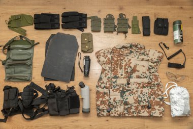 Military ammunition for Ukrainian soldiers. Armor plate, thermal imager, bags