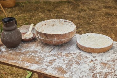 Ancient Viking kitchen utensils at a festival in Denmark.